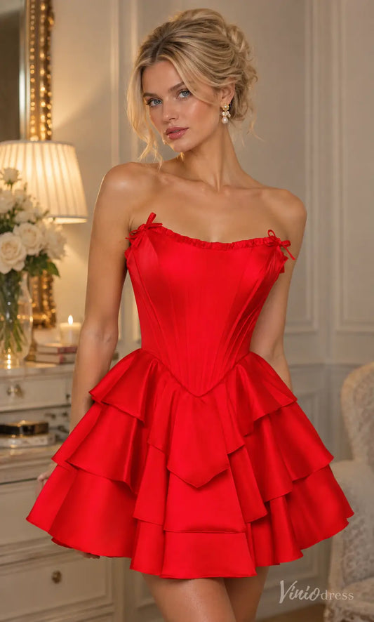 Strapless Satin Corset Homecoming Dress with Tiered Ruffle Skirt - S26161