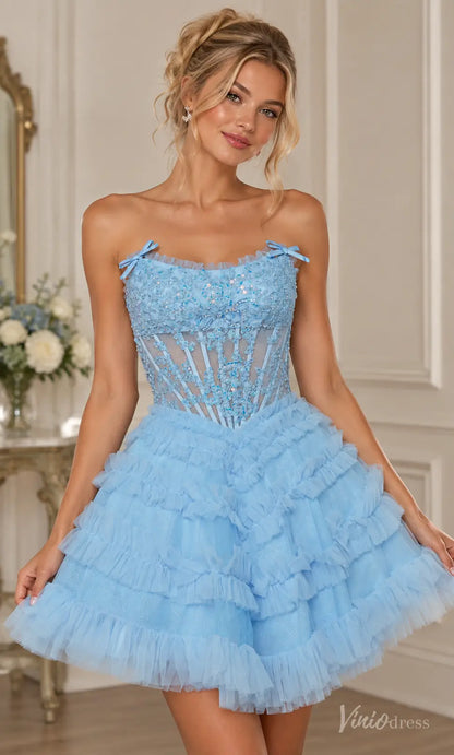 Strapless Lace Corset Homecoming Dress with Ruffled Tulle Skirt - S26162
