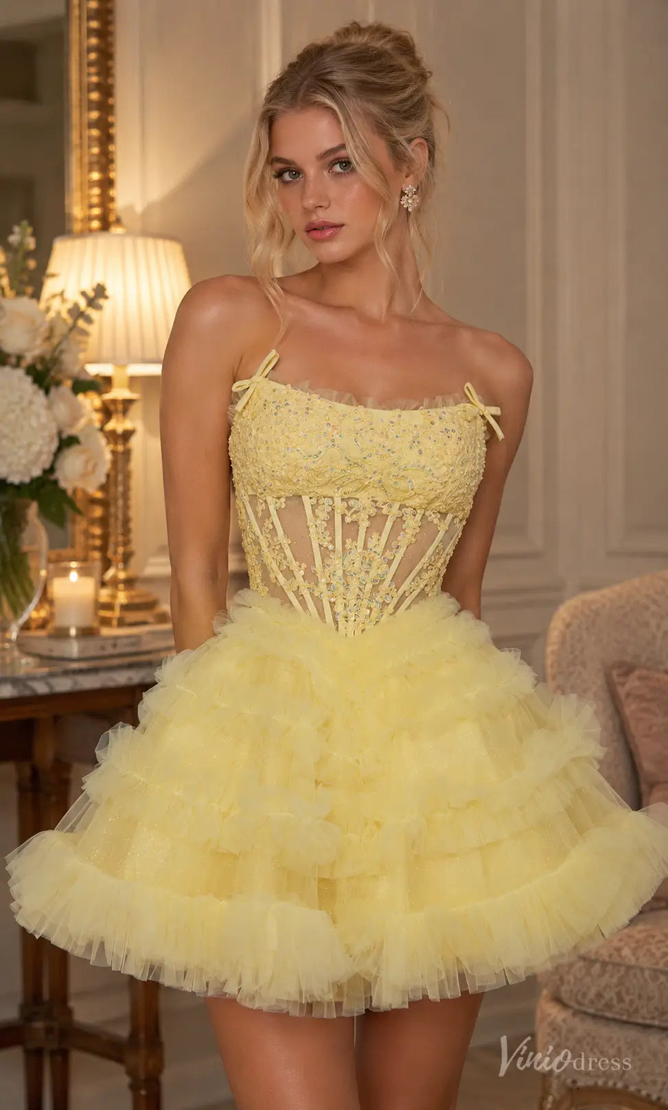 Strapless Lace Corset Homecoming Dress with Ruffled Tulle Skirt - S26162