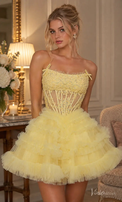 Strapless Lace Corset Homecoming Dress with Ruffled Tulle Skirt - S26162