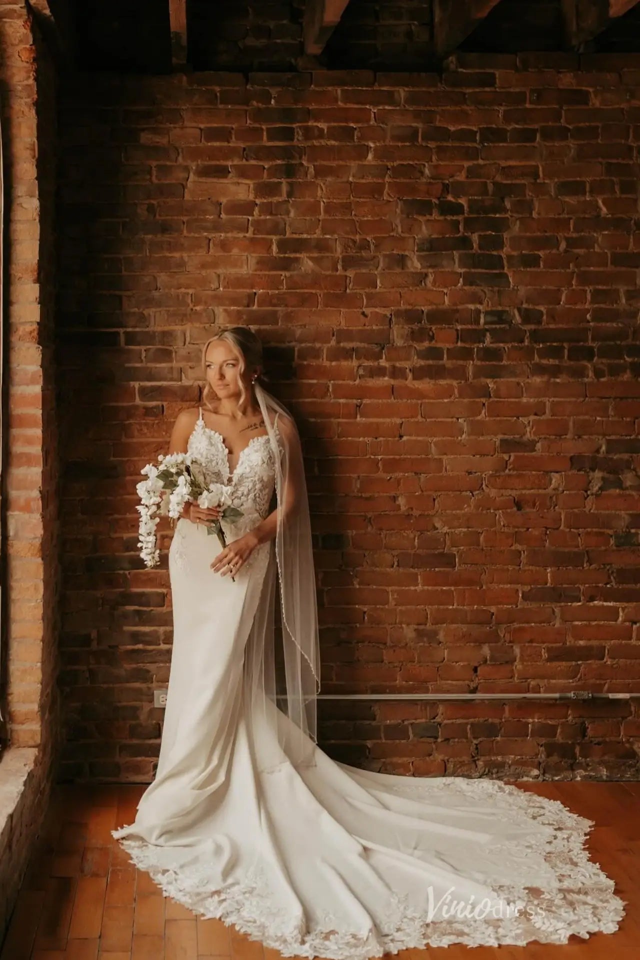 Ivory 3D Floral Appliqué Mermaid Wedding Dress with Deep V Illusion Bodice & Chapel Train – SL002