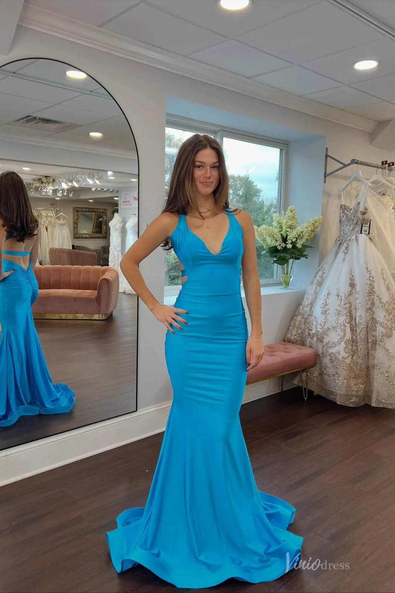 Turquoise Blue Halter Neck Mermaid Prom Dress with Sleek Fitted Bodice, Open Back & Sweep Train – SS148