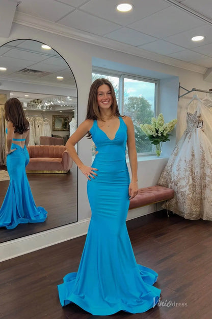 Turquoise Blue Halter Neck Mermaid Prom Dress with Sleek Fitted Bodice, Open Back & Sweep Train – SS148