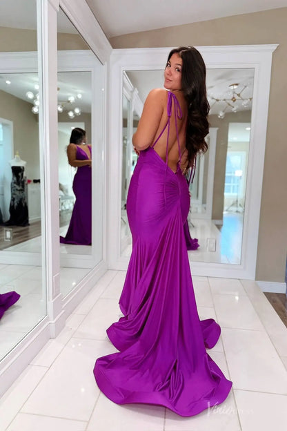 Purple Satin Halter Deep V Mermaid Prom Dress with Open Back & Sweep Train – SS149