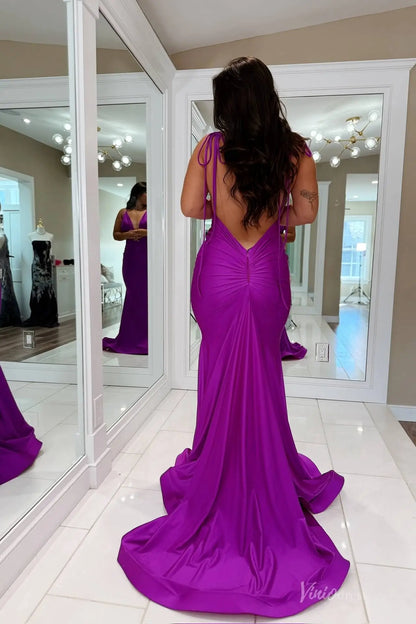 Purple Satin Halter Deep V Mermaid Prom Dress with Open Back & Sweep Train – SS149