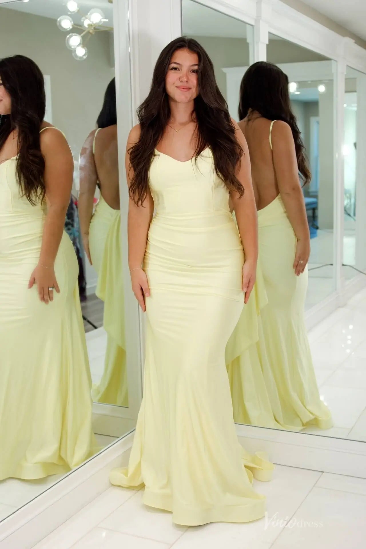 Yellow Satin Mermaid Prom Dress with Open Back Drape & Spaghetti Strap – SS150