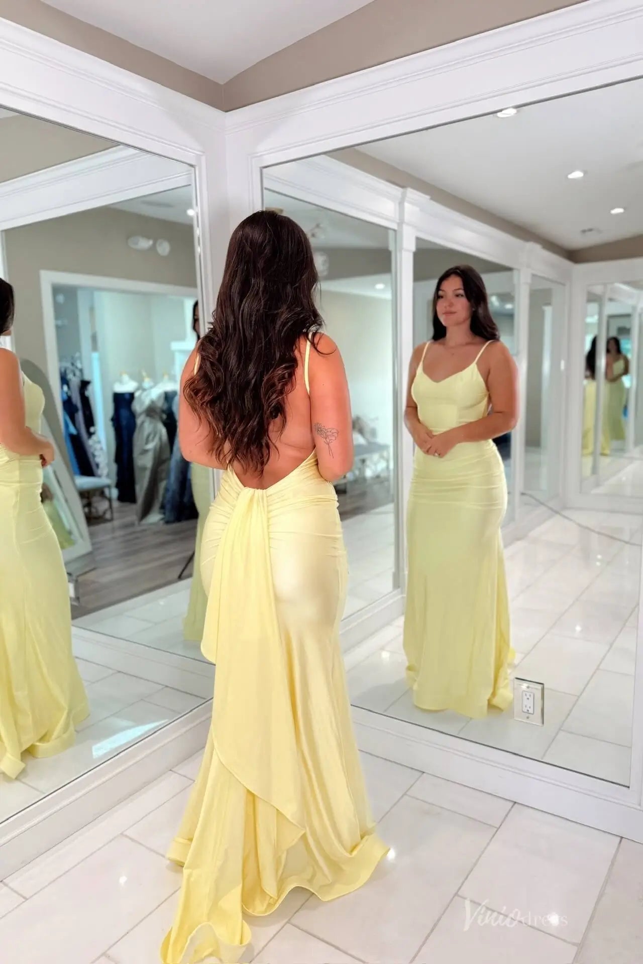 Yellow Satin Mermaid Prom Dress with Open Back Drape & Spaghetti Strap – SS150