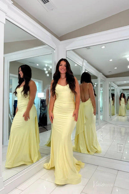 Yellow Satin Mermaid Prom Dress with Open Back Drape & Spaghetti Strap – SS150