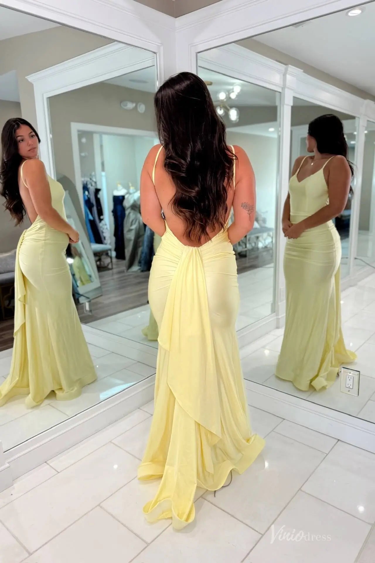 Yellow Satin Mermaid Prom Dress with Open Back Drape & Spaghetti Strap – SS150
