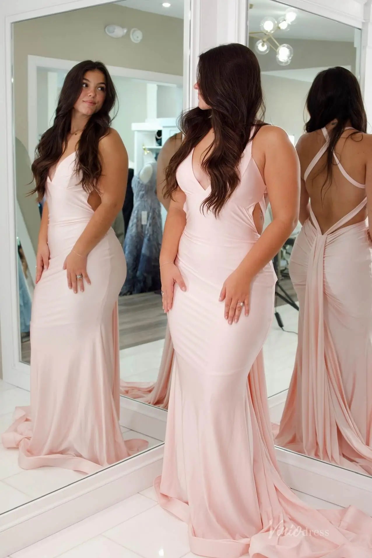 Blush Pink Plunging V-Neck Mermaid Prom Dress with Open Back & Draped Train