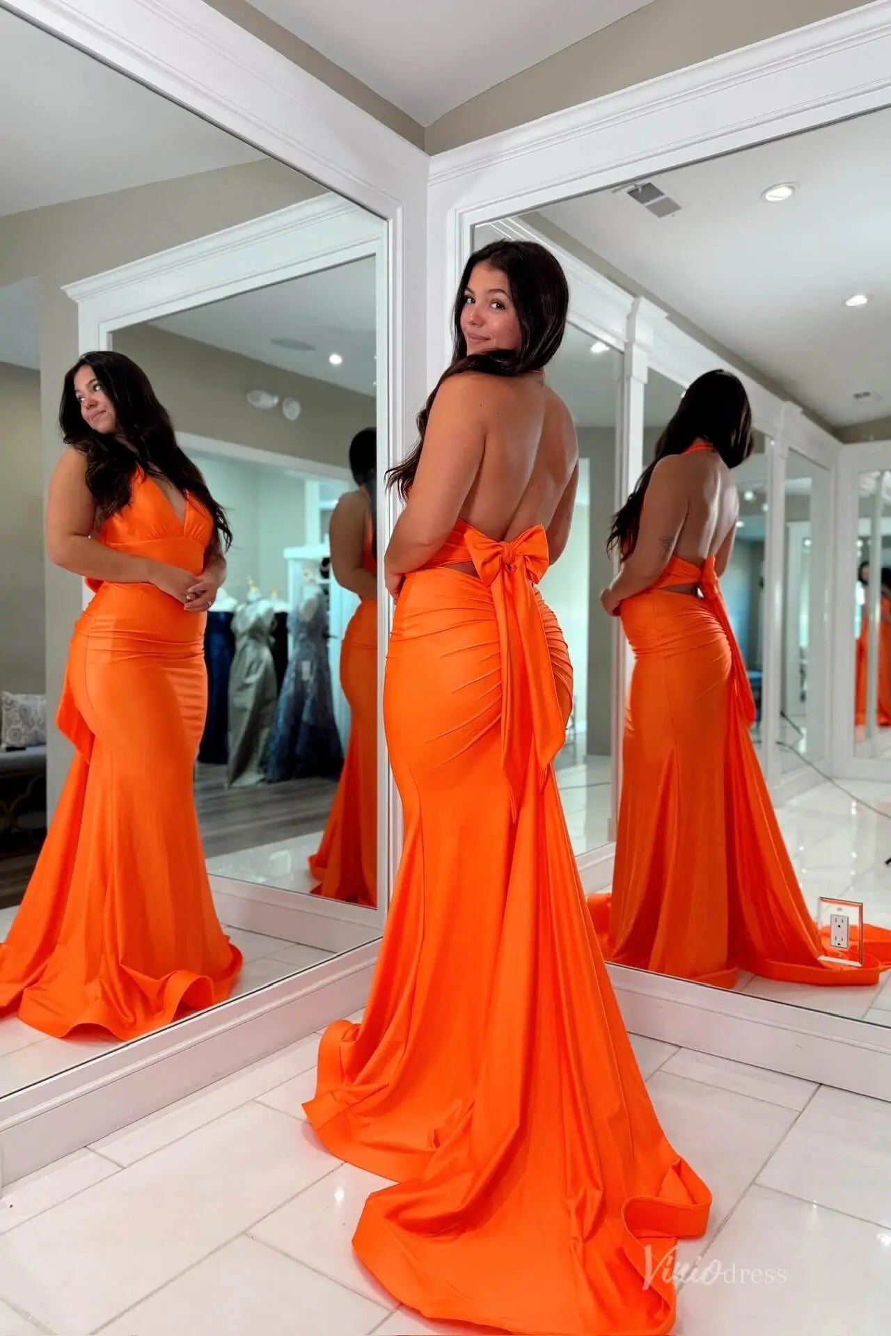 Orange Satin Halter Mermaid Prom Dress with Deep V Neckline, Open Back Bow Detail & Sweep Train – SS158