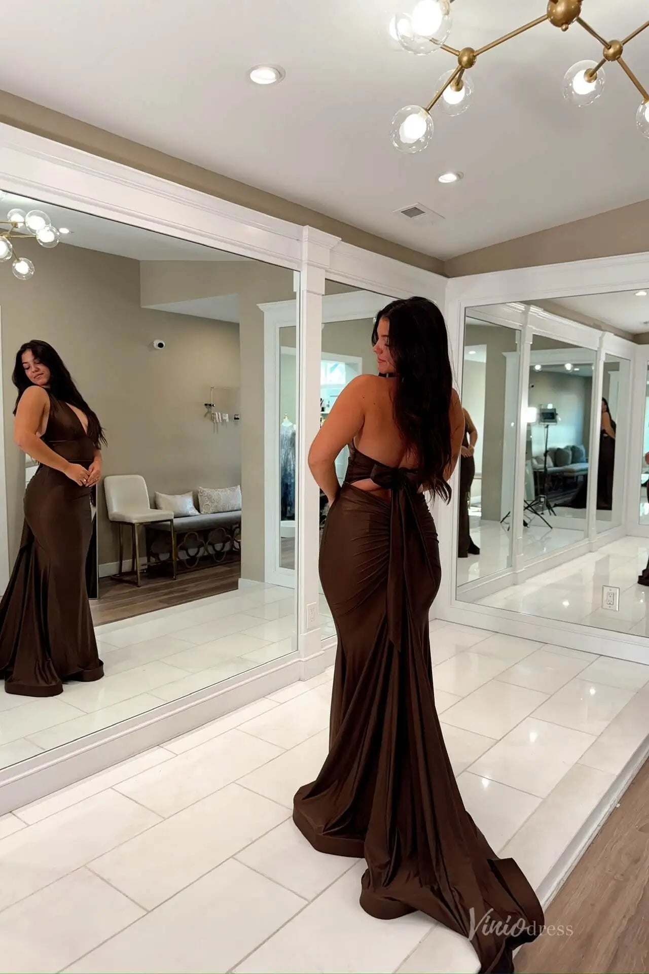 Brown Halter Plunging V-Neck Mermaid Prom Dress with Open Back Bow & Draped Train – SS158