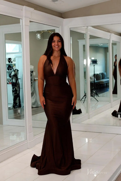 Brown Halter Plunging V-Neck Mermaid Prom Dress with Open Back Bow & Draped Train – SS158
