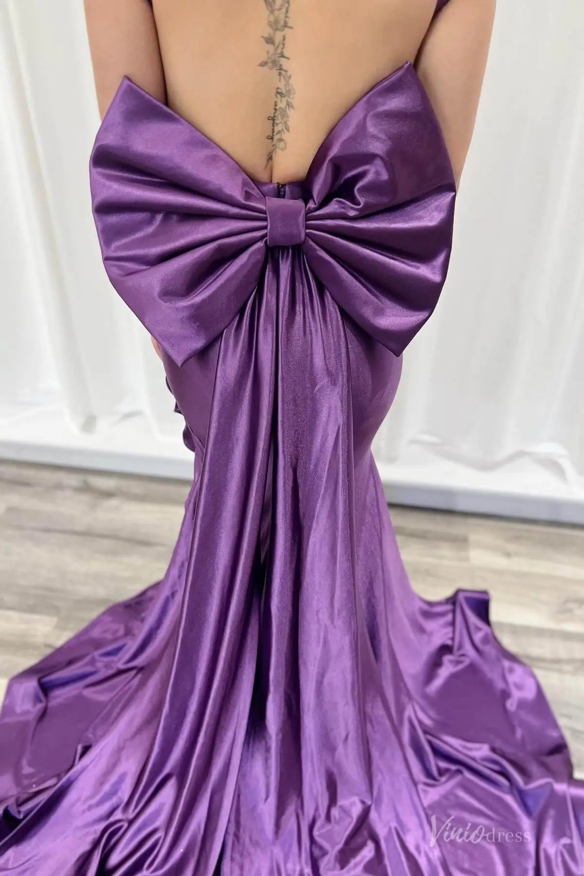 Blush Pink Satin Mermaid Prom Dress with Structured Bodice, Bow Back Drape & Ruffle Slit – SS165