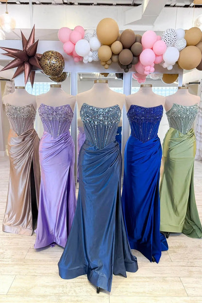 Beaded Corset Mermaid Prom Dress with Draped Satin Skirt & High Slit – SS166