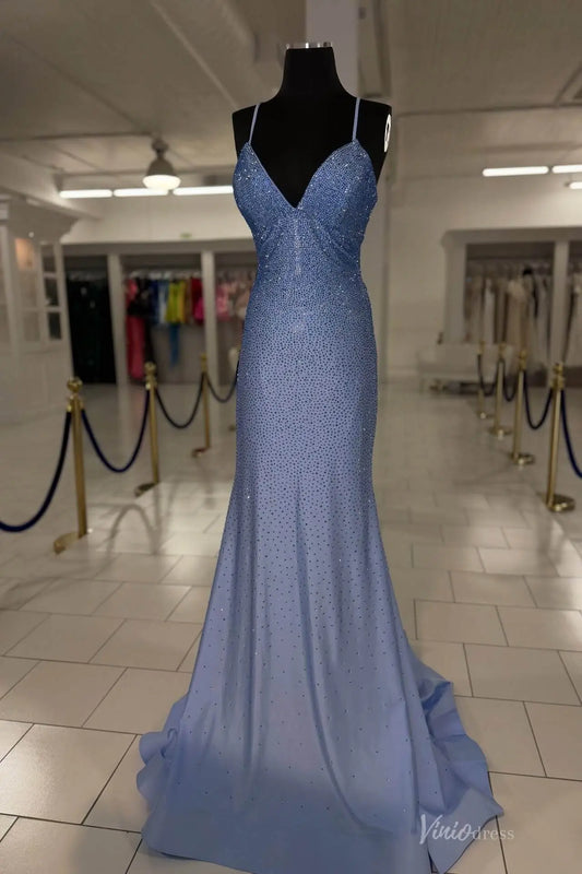 Dusty Blue Sparkly Mermaid Prom Dress with Spaghetti Straps & Lace-Up Back – SS169