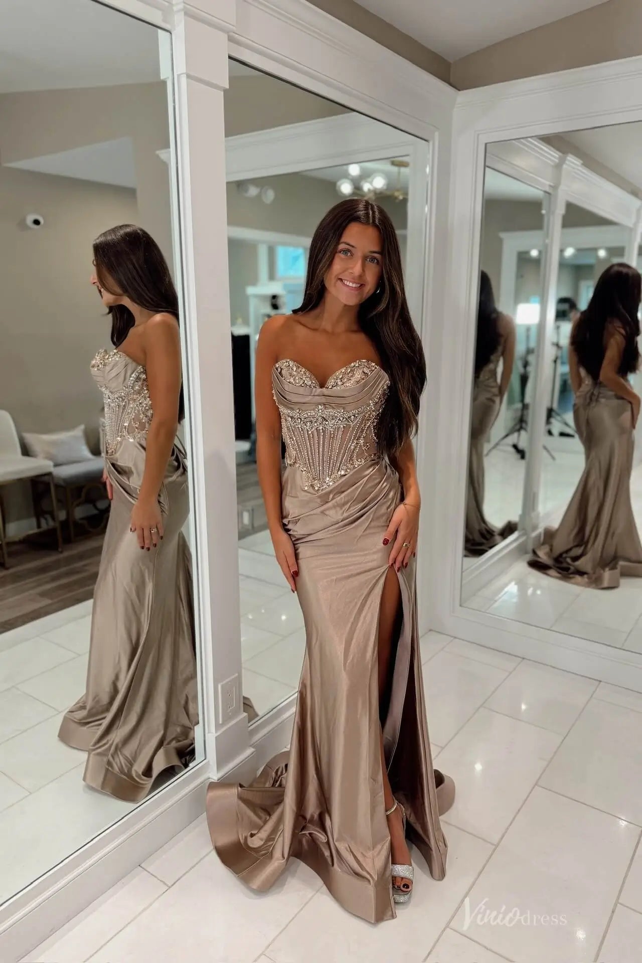 Champagne Sheer Beaded Corset Mermaid Prom Dress with Sweetheart Neck & High Slit – SS172