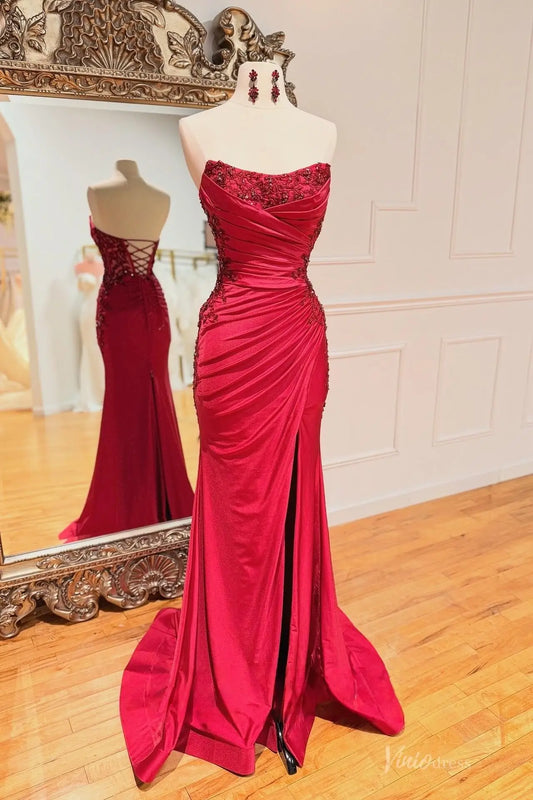 Red Satin Mermaid Prom Dress with Beaded Lace Bodice & High Slit – SS173