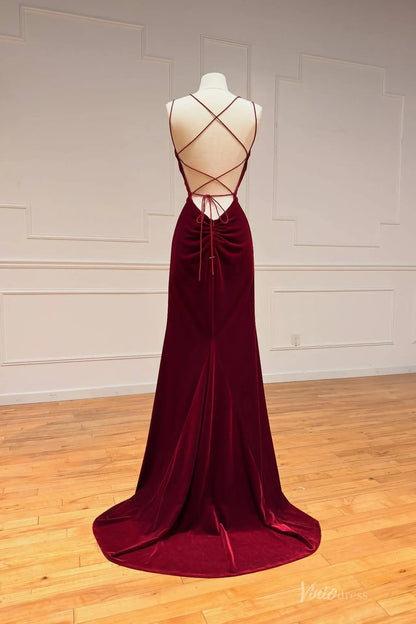 Burgundy Velvet Prom Dress with Lace-Up Back & Floor-Length Silhouette – SS177