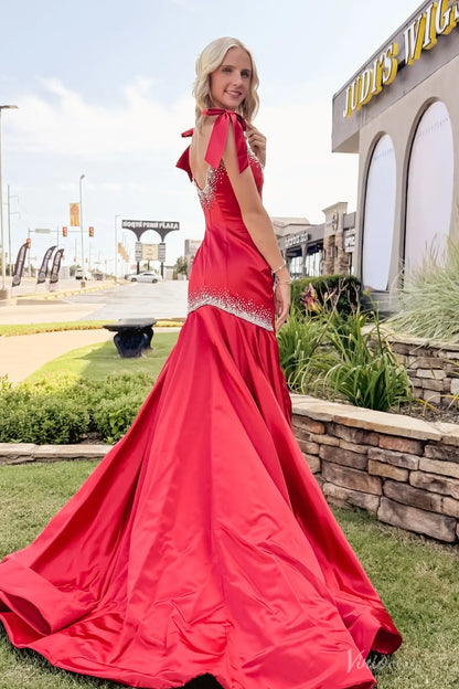 Light Blue Satin Mermaid Prom Dress with Beaded Neckline, Bow Straps & Flared Train – SS191