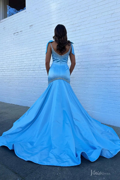 Light Blue Satin Mermaid Prom Dress with Beaded Neckline, Bow Straps & Flared Train – SS191