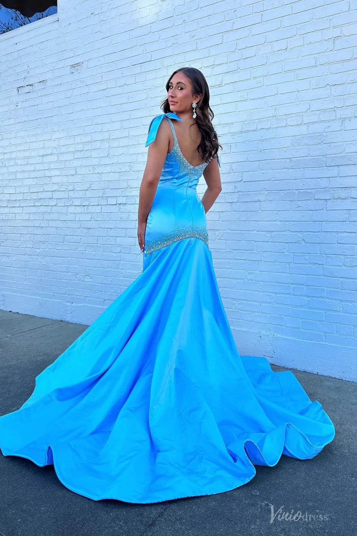 Light Blue Satin Mermaid Prom Dress with Beaded Neckline, Bow Straps & Flared Train – SS191