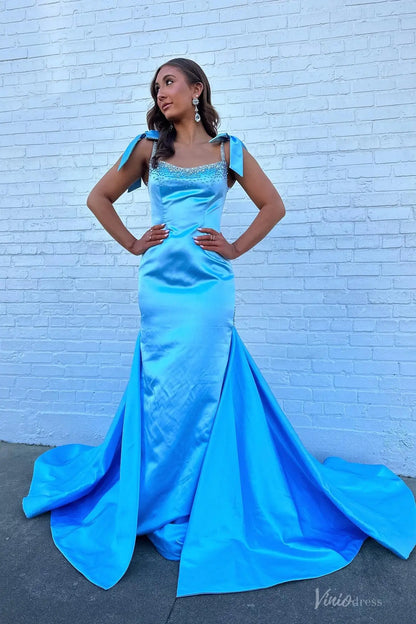 Light Blue Satin Mermaid Prom Dress with Beaded Neckline, Bow Straps & Flared Train – SS191
