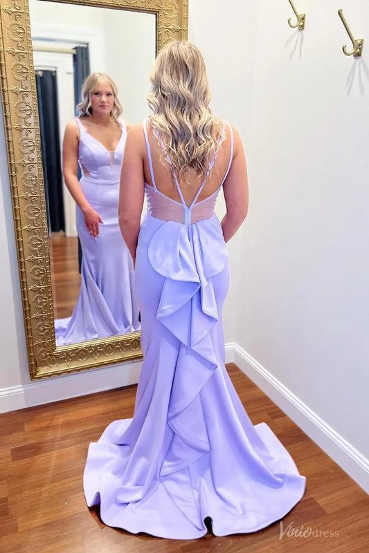 Lavender V-Neck Mermaid Prom Dress with Open Back Bow & Ruffle Train – SS197