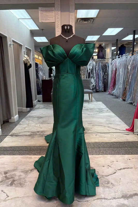 Vestidos de fiesta de sirena de satén plisados ​​verdes con abertura en un hombro FD2684