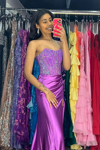 Purple Strapless Beaded Corset Mermaid Prom Dress with Ruched Satin Skirt & High Slit – SS292