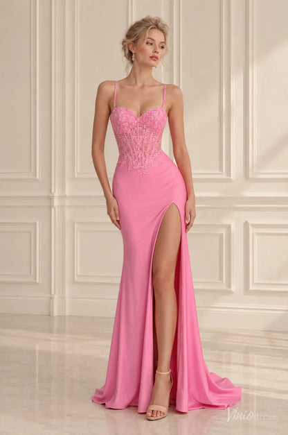 Lace Corset Mermaid Prom Dresses with High Slit & Ruffled Back SS423