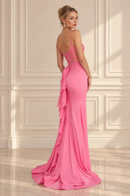 Lace Corset Mermaid Prom Dresses with High Slit & Ruffled Back SS423
