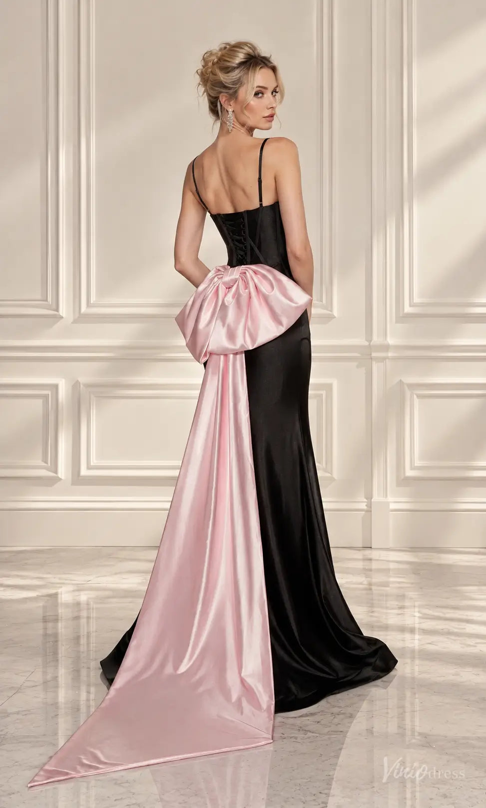 Two-Tone Satin Corset Mermaid Prom Dresses with High Slit & Oversized Bow Train SS424