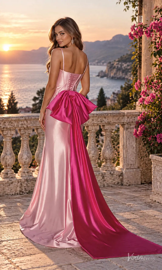 Two-Tone Satin Corset Mermaid Prom Dresses with High Slit & Oversized Bow Train SS424