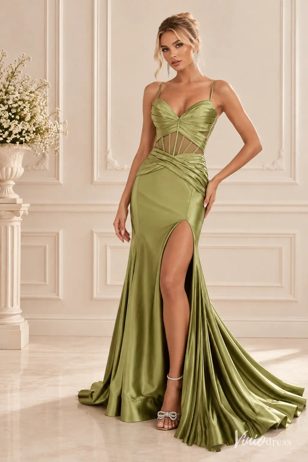 Satin Mermaid Prom DressES with Sheer Corset Waist, Ruched Bodice & High Slit SS425