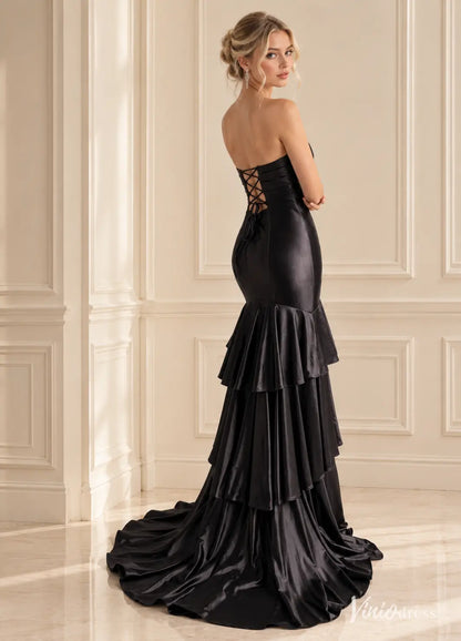 Black Satin Mermaid Prom Dresses with 3D Rose, Tiered Ruffle Skirt & High Slit SS426
