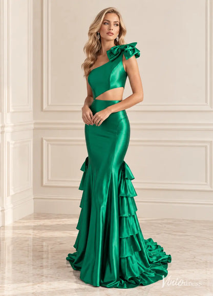 One Shoulder Satin Mermaid Prom Dresses with Bow, Cutout Waist & Tiered Ruffle Skirt SS427