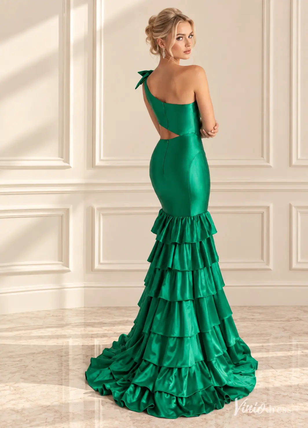 One Shoulder Satin Mermaid Prom Dresses with Bow, Cutout Waist & Tiered Ruffle Skirt SS427