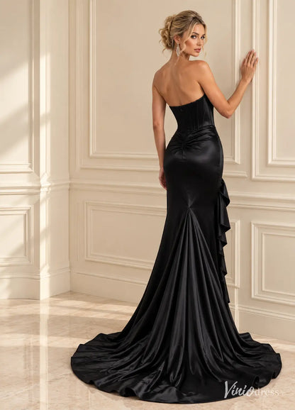 Rhinestone Mermaid Satin Prom Dresses with Cutout Waist , High Slit & Ruffle SS428