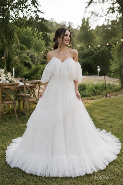 Strapless Ruffled Tulle Wedding Dress with Basque Waist Corset, Detachable Sleeves ST012