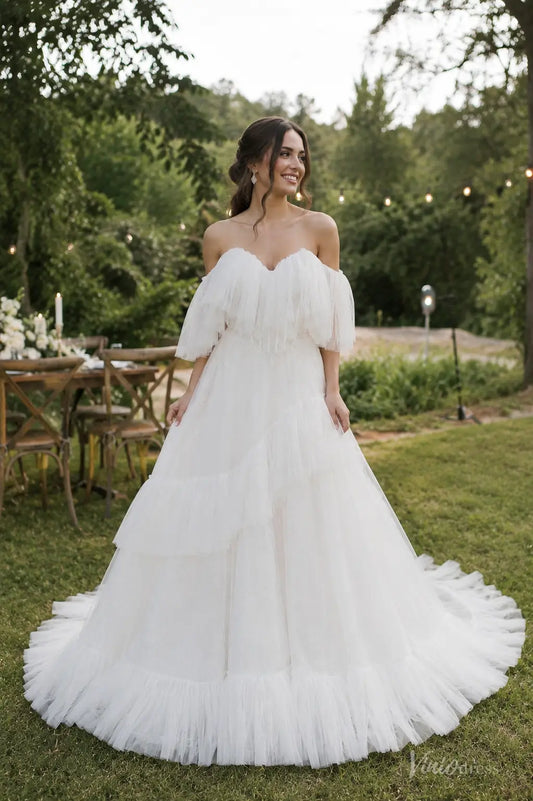 Strapless Ruffled Tulle Wedding Dress with Basque Waist Corset, Detachable Sleeves ST012
