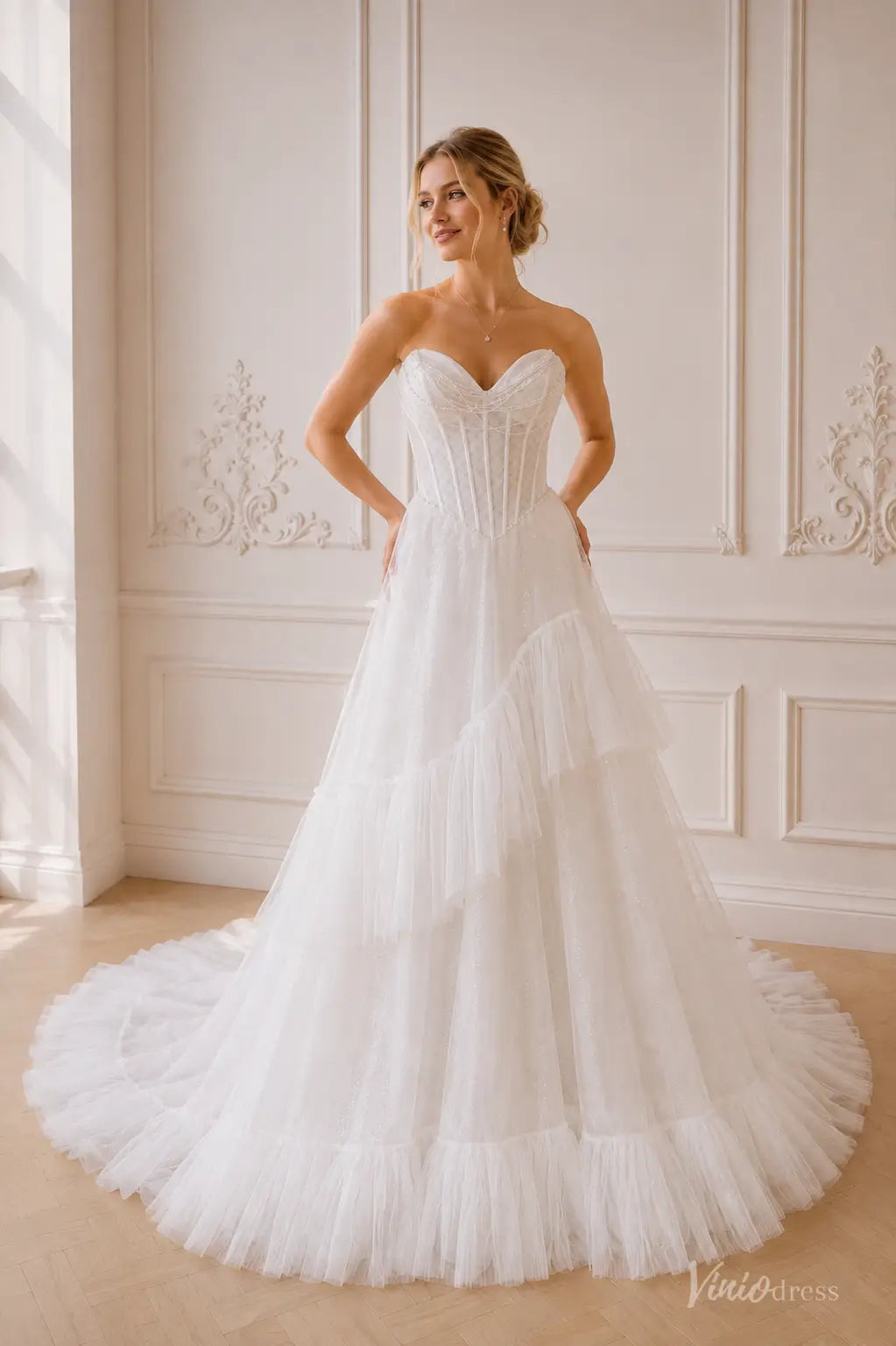 Strapless Ruffled Tulle Wedding Dress with Basque Waist Corset, Detachable Sleeves ST012