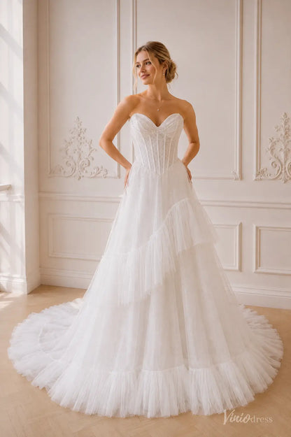 Strapless Ruffled Tulle Wedding Dress with Basque Waist Corset, Detachable Sleeves ST012
