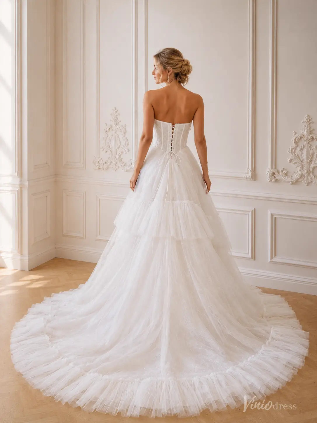 Strapless Ruffled Tulle Wedding Dress with Basque Waist Corset, Detachable Sleeves ST012