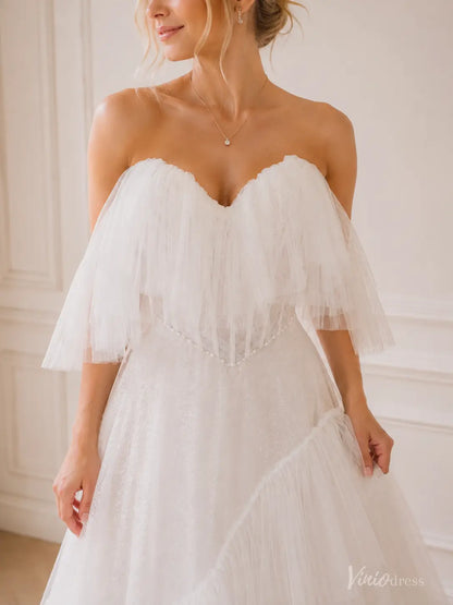 Strapless Ruffled Tulle Wedding Dress with Basque Waist Corset, Detachable Sleeves ST012