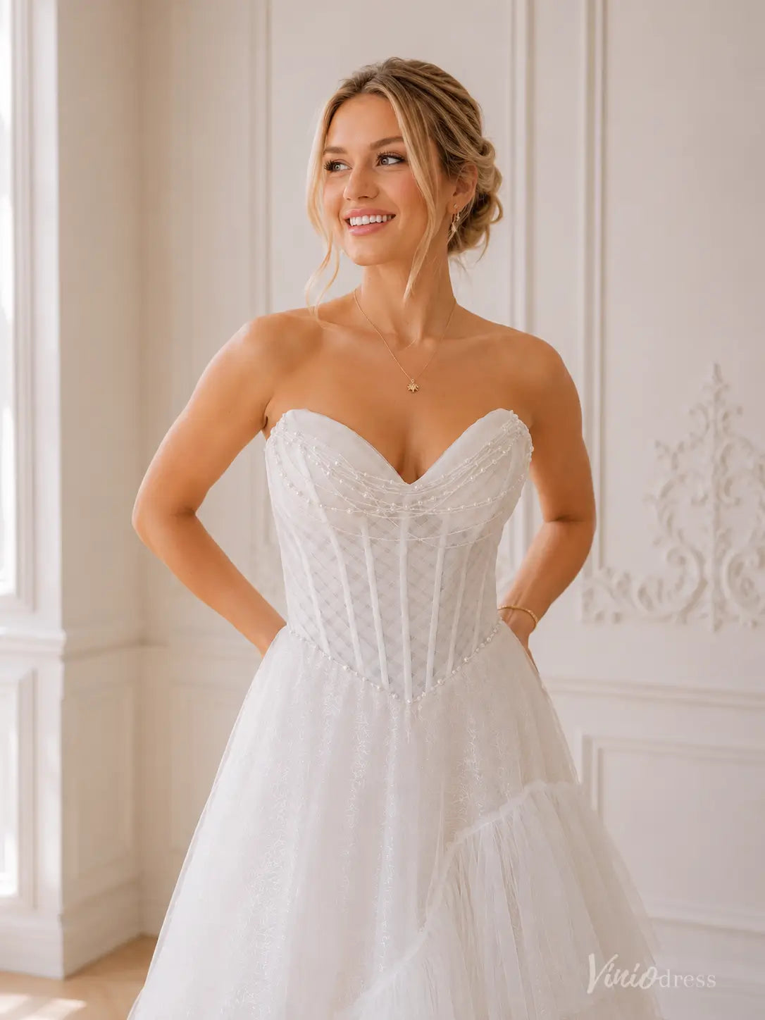 Strapless Ruffled Tulle Wedding Dress with Basque Waist Corset, Detachable Sleeves ST012