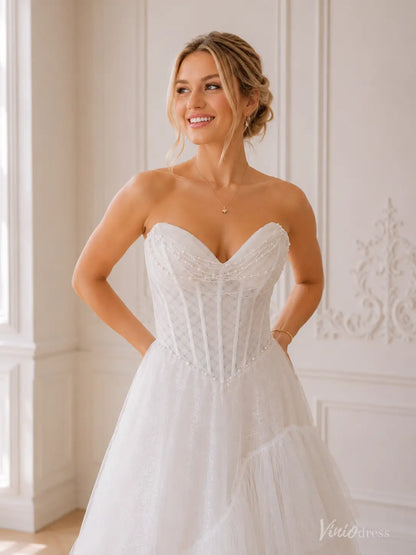 Strapless Ruffled Tulle Wedding Dress with Basque Waist Corset, Detachable Sleeves ST012