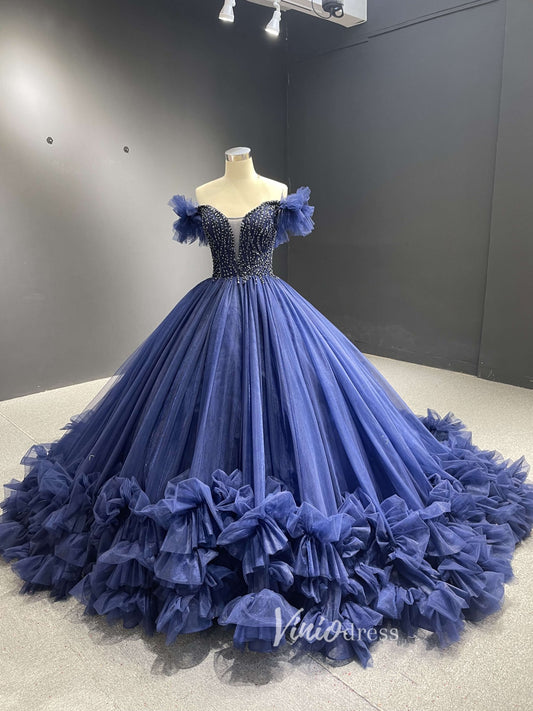 Sage Green Ball Gown Wedding Dresses Tulle Ruffle Sweet 16 Dress 222197-Quinceanera Dresses 2025 -Viniodress-Navy Blue-Custom Size-