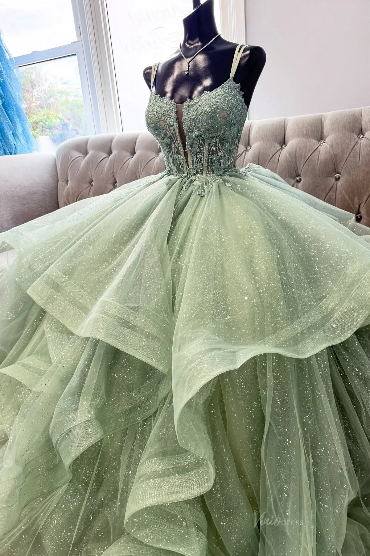 glitter sage green dress Tulle Ball Gown Prom with Lace Corset – LY028 Custom Colors-Add Note in Cart / US 20W sage green mini dress