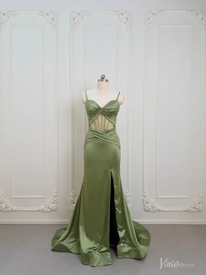 Sage green satin mermaid prom dress with a corset cutout bodice, ruched waist, and high leg slit on a mannequin.